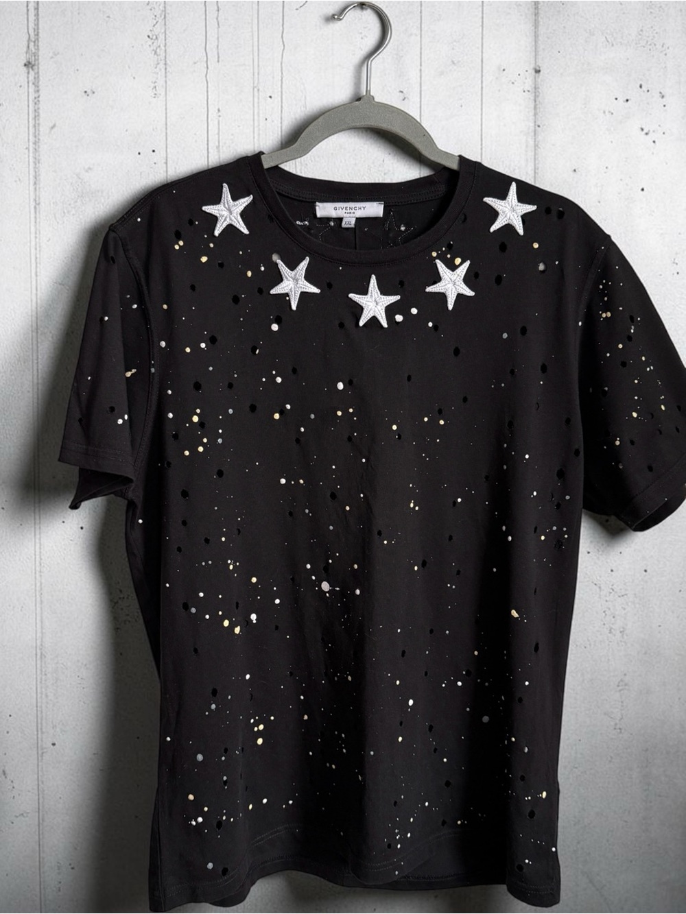 Givenchy Black Short-Sleeve Tee with White Star Appliqués and Paint Splatter